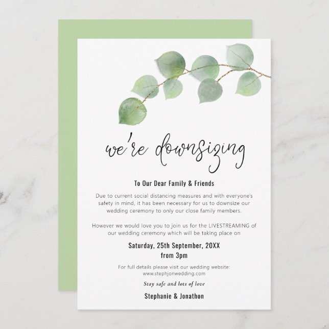Wedding Downsizing Modern Script Eucalyptus Announcement (Front/Back)
