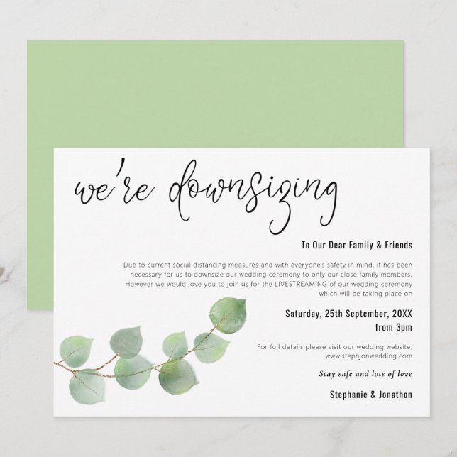 Wedding Downsizing Script Elegant Eucalyptus Announcement (Front/Back)
