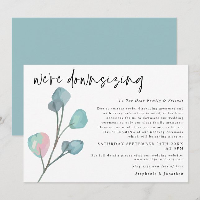 Wedding Downsizing Script Modern Eucalyptus Announcement (Front/Back)