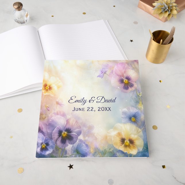 Wedding Dreamy Pansy Abstract Guest Book (Front Open)