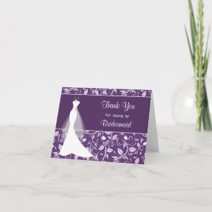 Wedding dress, damask on purple Thank you Card