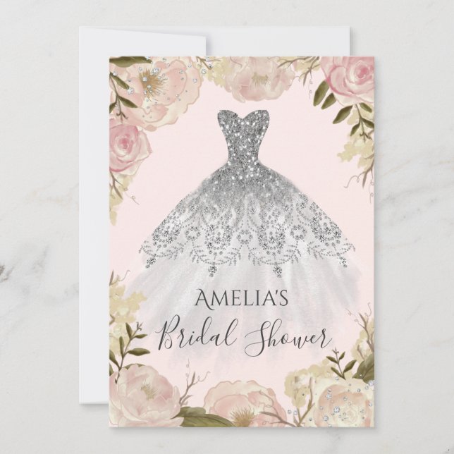 Wedding Dress Floral Rose Bridal Shower Invite (Front)