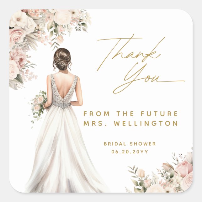 Wedding Dress Gown Brunette Floral Bridal Shower Square Sticker (Front)