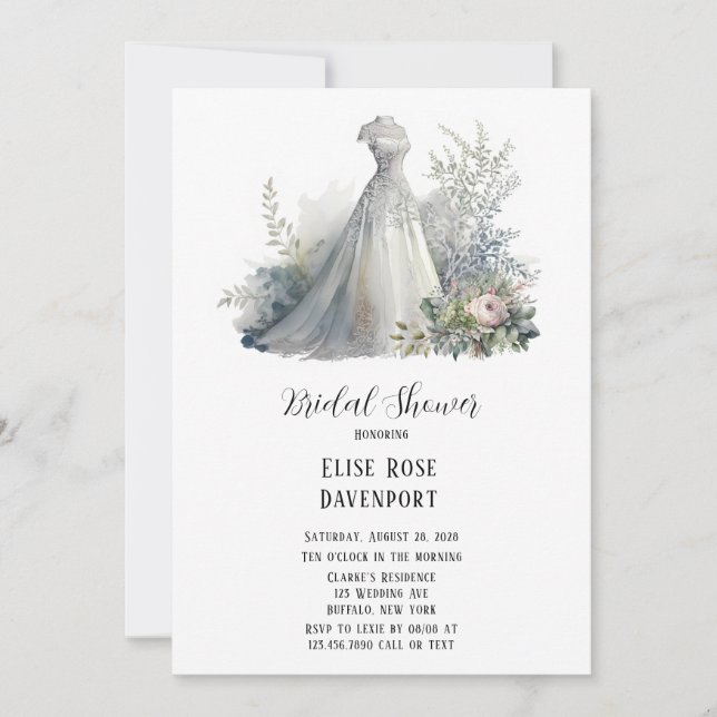 Wedding Dress Greenery Watercolor Bridal Shower In Invitation (Front)