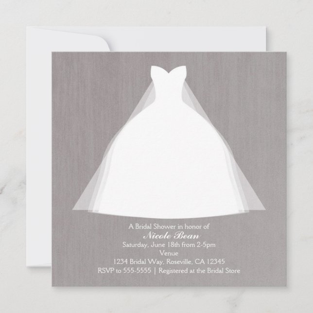 Wedding Dress Modern Glamour Bridal Shower Grey Invitation (Front)