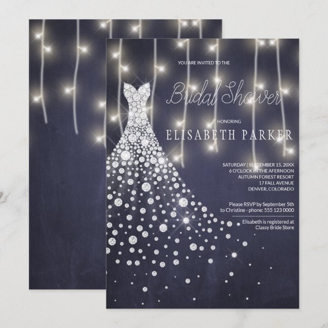 Wedding Dress Navy Chalkboard Winter Bridal Shower Invitation (Front/Back)