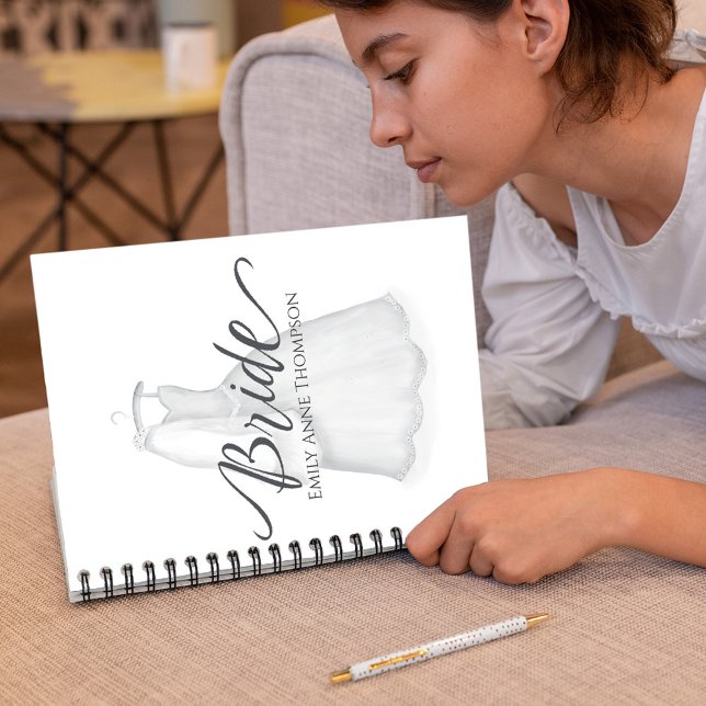 Wedding Dress Watercolor Personalized  Notebook (Simple Bride notebook with elegant bridal gown. )