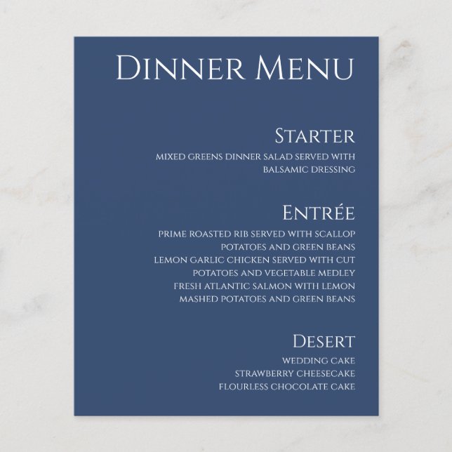 Wedding Drink & Dinner Menu-Dark Blue and White  (Front)