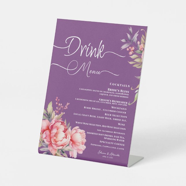 Wedding Drink Menu Deep Purple Pink Peony Pedestal Sign (Front)
