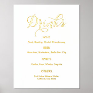 Wedding Drinks Bar Menu Gold White Foil Prints