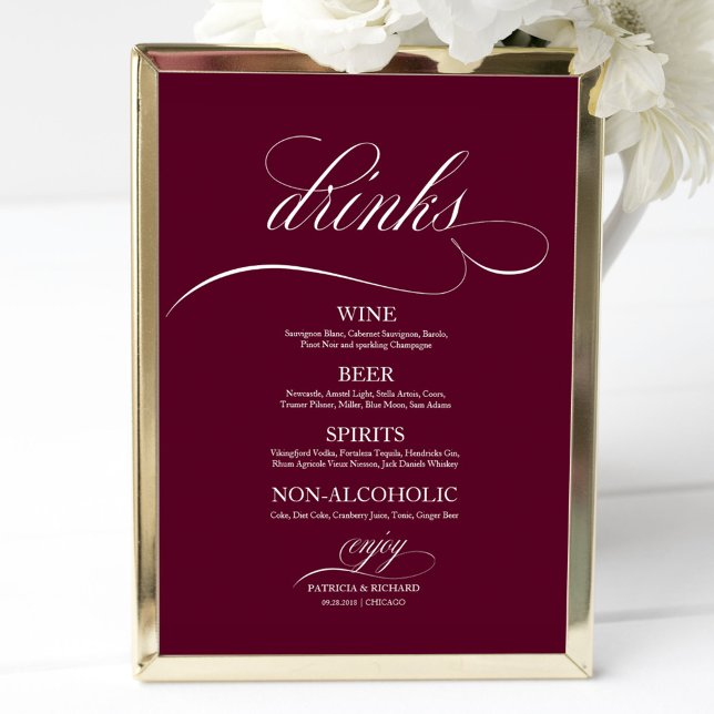 Wedding Drinks Bar Menu Sign Chic Burgundy Marsala (Creator Uploaded)