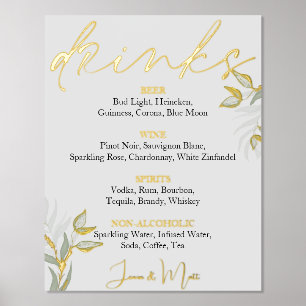 Wedding Drinks  Bar Sign Watercolor Leaves