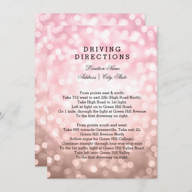 Wedding Driving Directions Rose Blush Pink Lights Invitation (Front/Back)