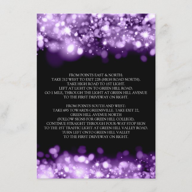 Wedding Driving Directions Sparkling Lights Purple Enclosure Card (Front)