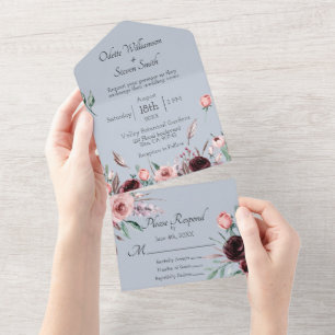 Wedding Dusty Blue and Pink Watercolor Floral All In One Invitation