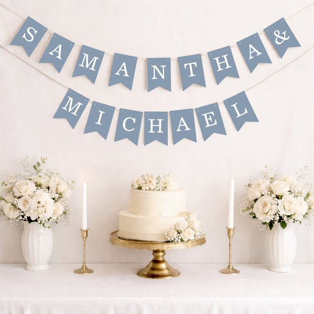 Wedding Dusty Blue Bride & Groom Names Simple Bunting Flags (Creator Uploaded)