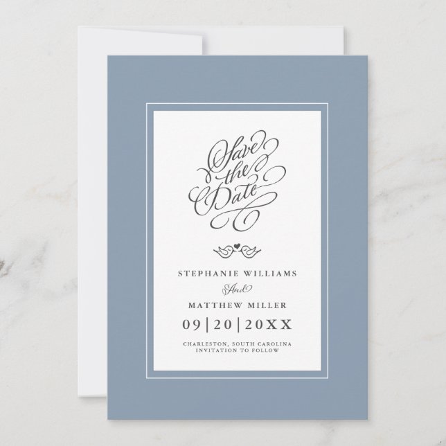 Wedding Dusty Blue Calligraphy Printable Digital Save The Date (Front)