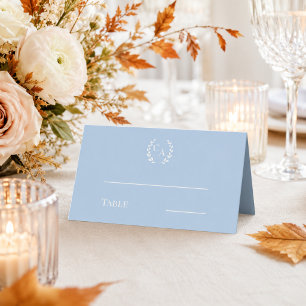 Wedding dusty blue cream monogrammed wreath place card
