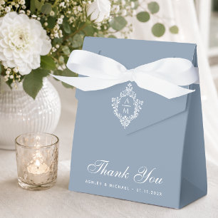 Wedding Dusty Blue Crest Monogram White Script Favor Box