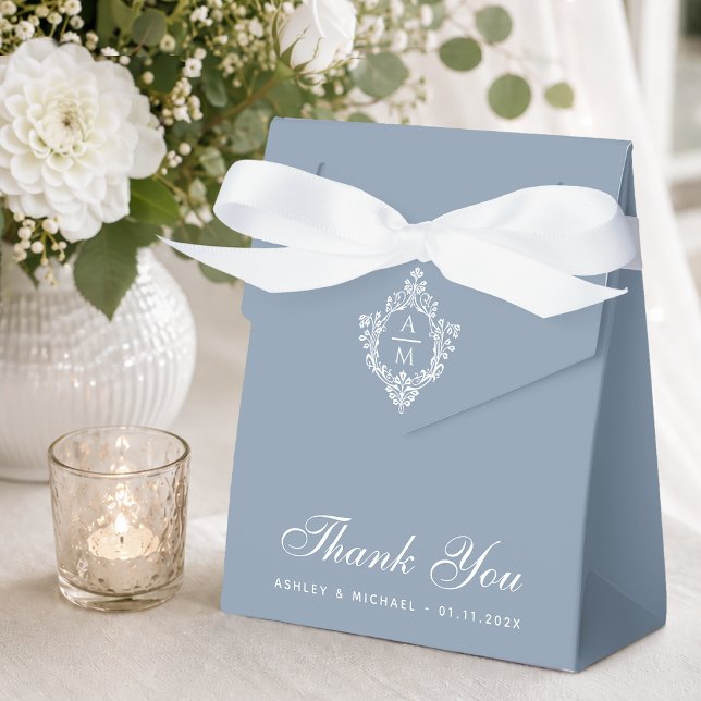 Wedding Dusty Blue Crest Monogram White Script  Favor Box (Creator Uploaded)