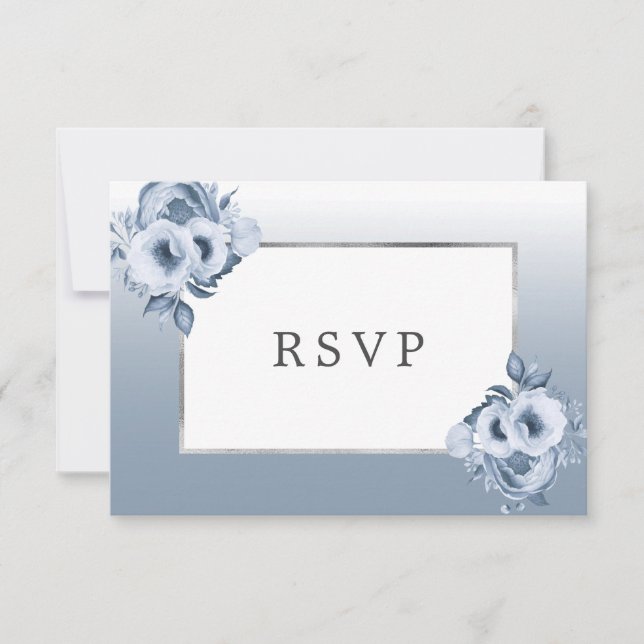 Wedding dusty blue florals chic silver RSVP Card (Front)