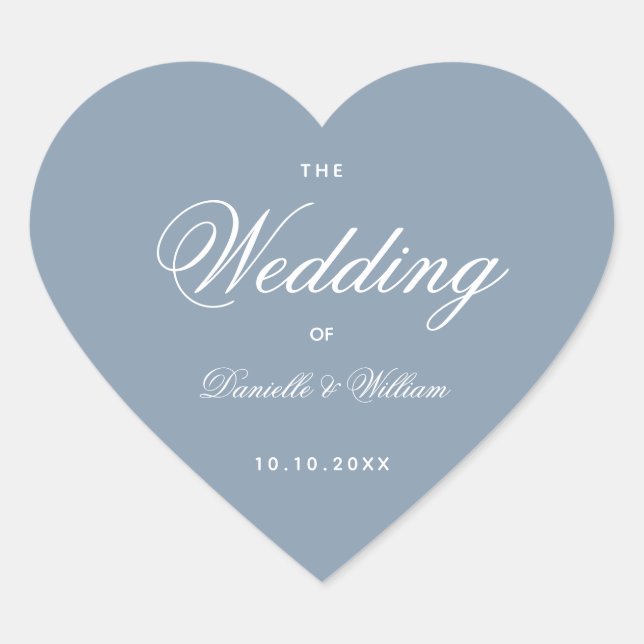 Wedding Dusty Blue Heart Elegant White Calligraphy Sticker (Front)