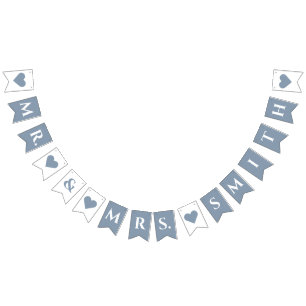 Wedding Dusty Blue Hearts Mr. and Mrs. Short Name Bunting Flags