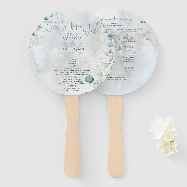 Wedding | Dusty Blue Over the Moon in Love Hand Fan (Front and Back)