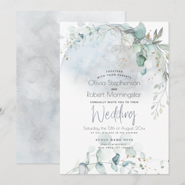Wedding | Dusty Blue Over the Moon in Love Invitation (Front/Back)