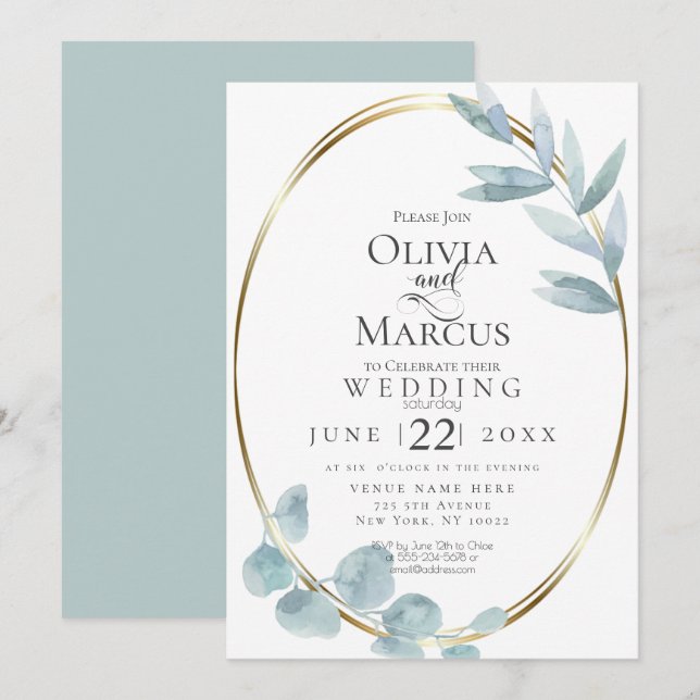 Wedding | Dusty Blue Watercolor Eucalyptus Leaves Invitation (Front/Back)