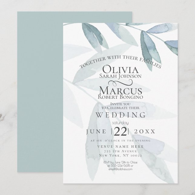Wedding | Dusty Blue Watercolor Eucalyptus Leaves Invitation (Front/Back)