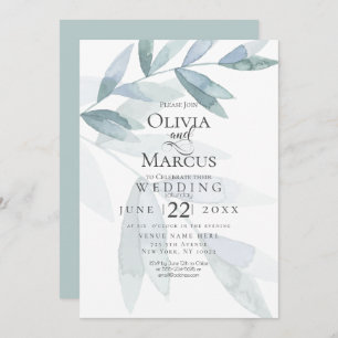 Wedding Dusty Blue Watercolor Eucalyptus Leaves Invitation