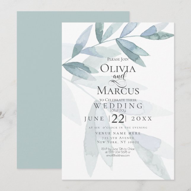 Wedding | Dusty Blue Watercolor Eucalyptus Leaves Invitation (Front/Back)