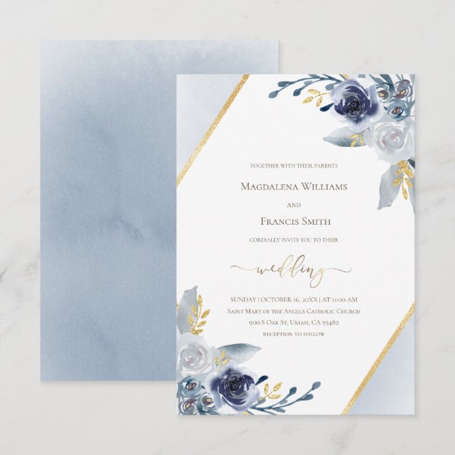 wedding  • dusty blue watercolor flowers frame invitation (Front/Back)