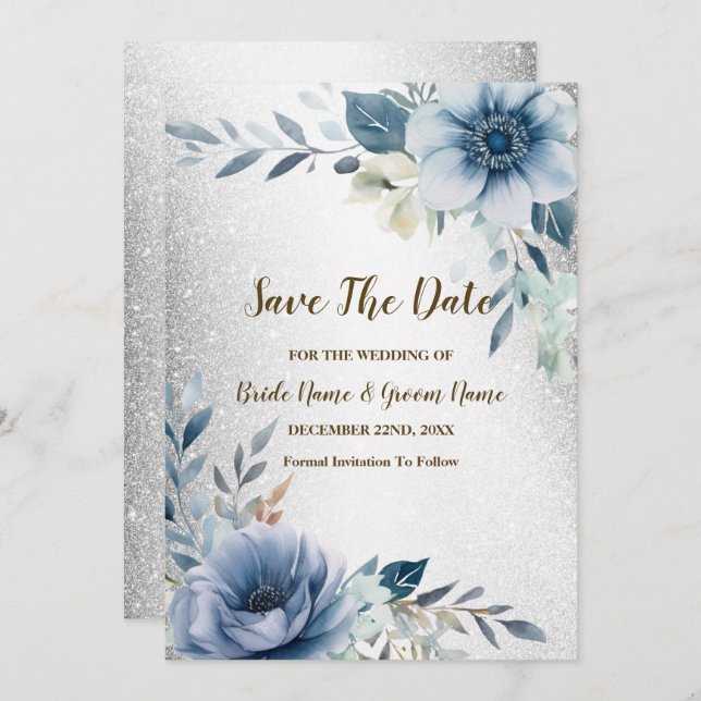 Wedding Dusty Blue Watercolor Flowers Silver Save The Date (Front/Back)