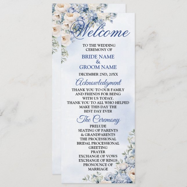 Wedding Dusty Blue Watercolor Ivory Flowers Leaves Program (Front/Back)