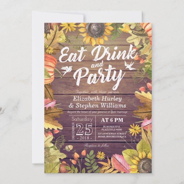Wedding EAT Drink and Party Maple Leaves Pumpkins Invitation (Front)