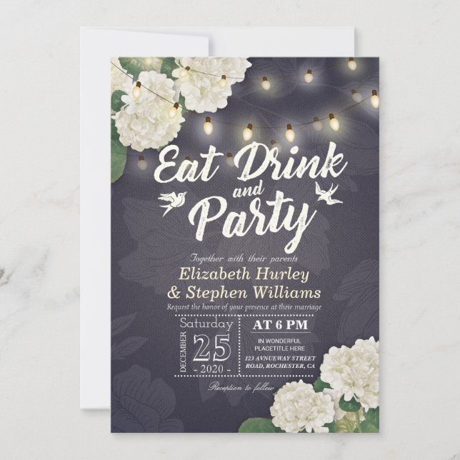 Wedding EAT Drink & Party Hydrangeas String Lights Invitation (Front)