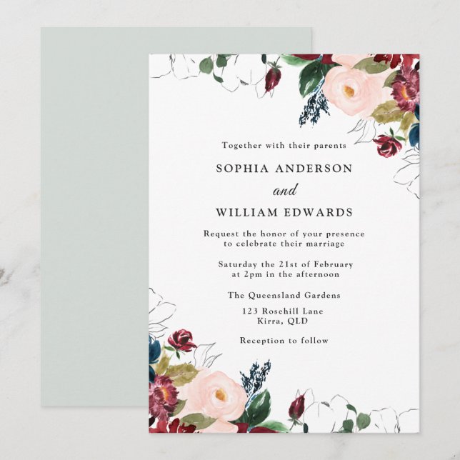 Wedding Elegance: Burgundy Blush Navy Wedding Invitation (Front/Back)