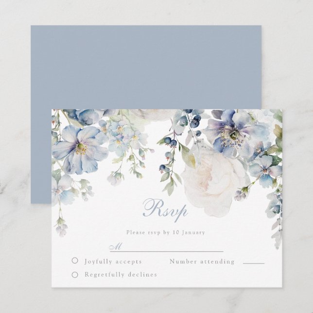 Wedding Elegance Dusty Blue & White Floral Wedding RSVP Card (Front/Back)