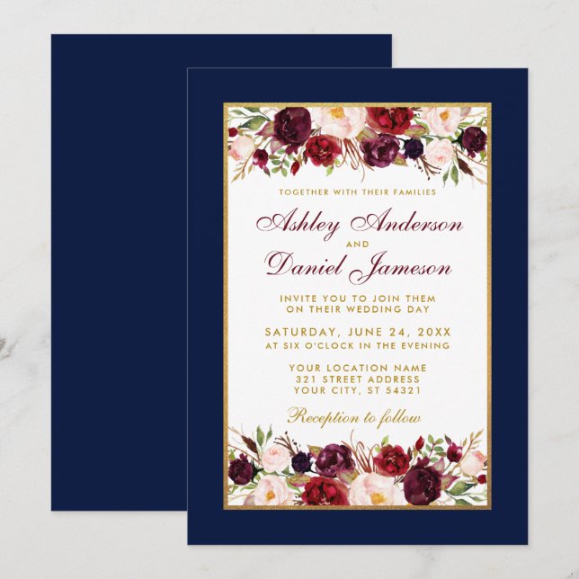 Wedding Elegant Burgundy Floral Blue Gold Invitation (Front/Back)
