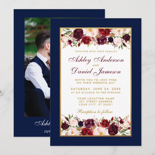 Wedding Elegant Burgundy Floral Photo Blue Gold Invitation (Front/Back)