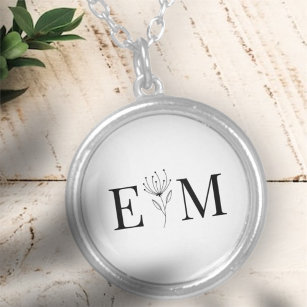 Wedding Elegant Chic Modern Monogram Foliage Silver Plated Necklace