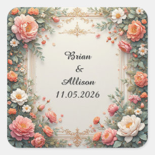 Wedding Elegant Floral Frame Design Square Sticker