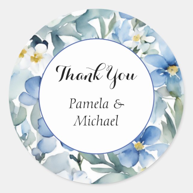 Wedding Elegant Minimalist Classic Blue Thank You Classic Round Sticker (Front)