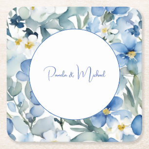 Wedding Elegant Minimalist Classical Blue Floral Square Paper Coaster