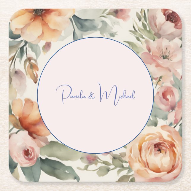 Wedding Elegant Minimalist Classical Floral Square Paper Coaster (Front)
