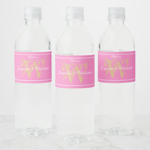 Wedding Elegant Monogram Initial + Names Chic Pink Water Bottle Label