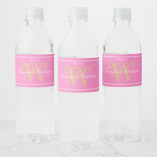 Wedding Elegant Monogram Initial + Names Chic Pink Water Bottle Label (Bottles)