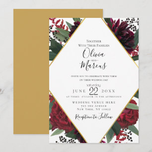 WEDDING Elegant Rich Burgundy Marsala Floral Gol Invitation